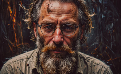 Poster - Man with glasses and a beard is staring at the camera. The image has a moody and mysterious feel to it, as if the man is hiding something behind his glasses