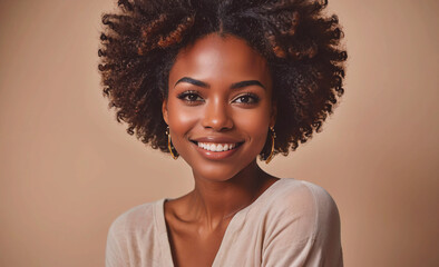 Poster - Woman with curly hair and gold earrings is smiling. She is wearing a white shirt and is posing for a picture