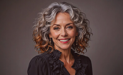 Aufkleber - Woman with gray hair and a black dress is smiling. She is wearing earrings and a necklace