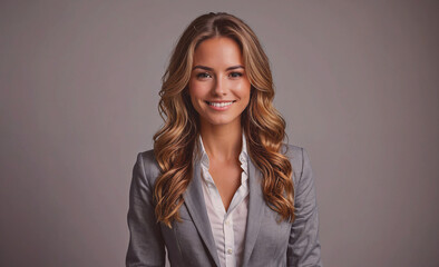 Poster - Woman with long hair is smiling and wearing a business suit. She looks confident and professional. Concept of success and accomplishment