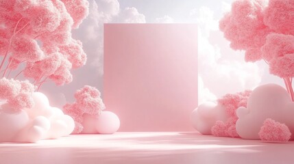 Poster - Picture a tranquil realm adorned with plush pink trees and fluffy clouds, bathed in gentle light. A blank canvas stands ready, inviting creativity and imagination to flourish in this serene escape