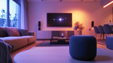 Aufkleber - Stylish living room with smart speakers allows user to control lighting and music via voice commands in a dynamic setting