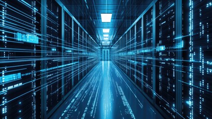 Poster - A futuristic data center with glowing blue lights and high-speed data flow, representing AI, cloud computing, and cybersecurity. Ideal for tech and IT concepts
