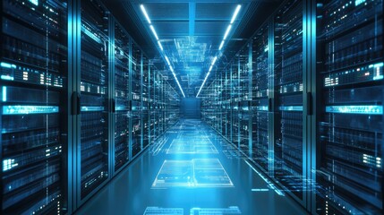 Poster - A futuristic data center with glowing blue lights and digital data streams, symbolizing AI, cloud computing, and cybersecurity. Ideal for tech and IT concepts