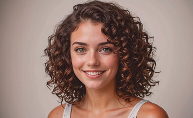 Poster - Woman with curly hair is smiling and looking at the camera. She has a white tank top on