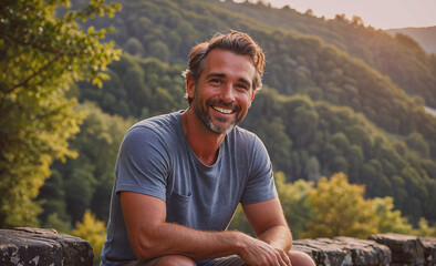 Aufkleber - Man is smiling and sitting on a wall in a forest. Scene is happy and relaxed