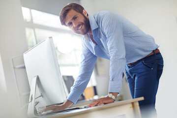 Poster - Happy man, computer and portrait in office, online administration and company website for digital filing. Male person, professional administrator and agenda for schedule management, email and plan
