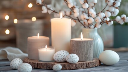 Aufkleber - Soft, warm light flickers from candles on a rustic slice of wood, surrounded by decorative eggs and charming cotton branches, creating a serene and inviting atmosphere perfect for gatherings
