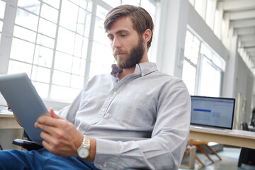 Poster - Man, typing and professional with tablet at agency, event coordinator and online to help client. Planner, male person and business chat at creative workplace, communication app and website for email