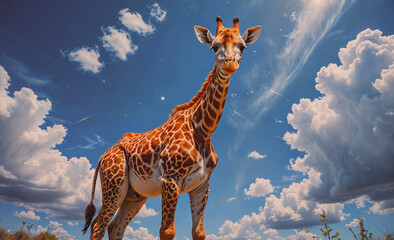 Poster - Giraffe standing in a field with a blue sky and clouds in the background. The giraffe is looking directly at the camera, creating a sense of curiosity and wonder