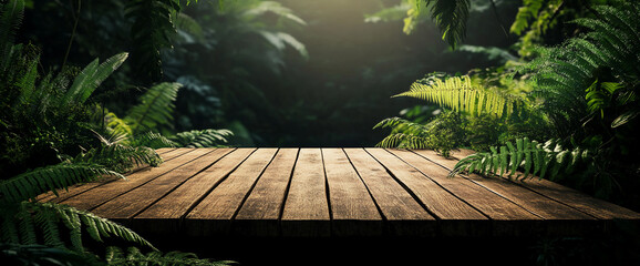 Aufkleber - Wooden platform amidst lush green foliage, creating a natural showcase ideal for product displays or advertising, symbolizing serenity and nature