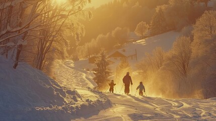 Aufkleber - Family skiing down a snowy slope during golden hour, surrounded by trees and a cozy cabin. The warm light creates a magical winter landscape, capturing a joyful moment.