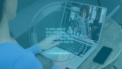 Poster - Using animation on laptop, person in school video call with digital overlay