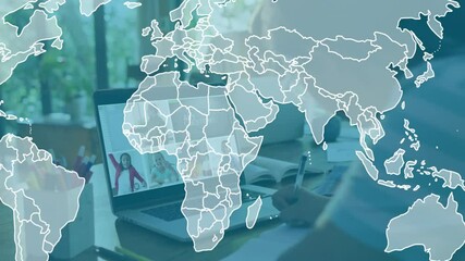 Poster - In school, person taking notes with world map animation during online meeting