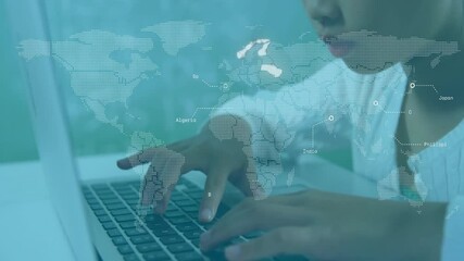 Poster - In school, child typing on laptop with animation of digital world map overlay