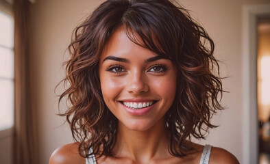 Poster - Woman with short brown hair and brown eyes is smiling. She is wearing a white tank top