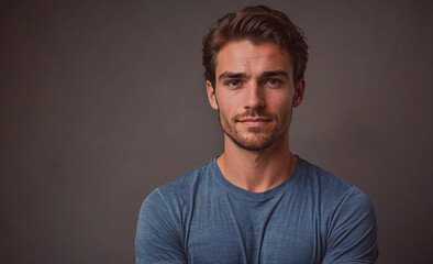 Aufkleber - Man with a beard and a blue shirt is smiling. He is looking at the camera. The image has a casual and friendly mood