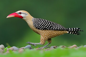 spotted bird walking, green background