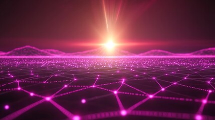 Poster - Abstract magenta network terrain with beaming spotlight and landscape