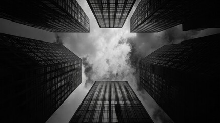 Poster - Tall buildings rise sharply against a moody sky, creating a striking contrast between glass and clouds. The view from below captures the essence of urban life and architectural beauty