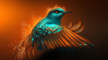 Aufkleber - Teal bird with orange-copper wings, glowing accents, and intricate feather detail against a warm orange background, showcasing fantasy, mystique, and artistry