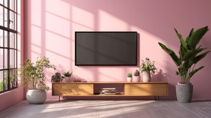 Poster - Inside a stylish living room adorned with soft pink walls, a sleek television hangs above a wooden media console. Lush houseplants add a touch of nature, creating a serene atmosphere