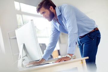 Poster - Man, computer and project in office, online administration and company website for digital filing. Male person, professional administrator and agenda for schedule management, email and planning