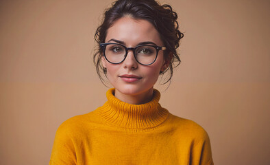 Poster - Woman wearing glasses and a yellow sweater. She has a nice smile on her face. Concept of warmth and friendliness
