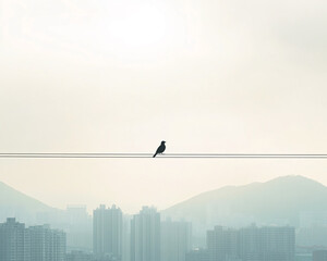 Aufkleber - Silhouette of bird perched on wire against hazy cityscape background, showcasing urban nature contrast and minimalist aesthetic, ideal for calm or contemplation themes
