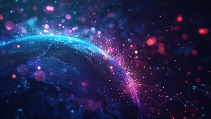 Poster - stunning abstract visualization of earth surrounded by colorful particles, light effects, and cosmic