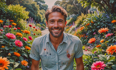 Aufkleber - Man is smiling in front of a field of flowers. The flowers are of various colors, including pink, orange, and purple. The man is wearing a blue shirt and he is enjoying the beautiful scenery