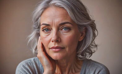 Poster - Woman with gray hair and blue eyes is looking at the camera. She is wearing a gray shirt and has a hand on her face