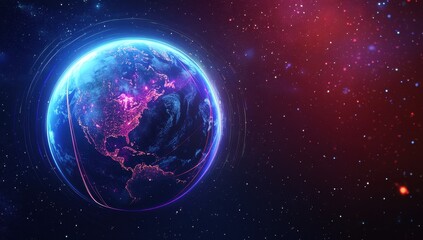 Poster - Stunning Cosmic World View with Neon Lights and Starry Background, Ideal for Science Fiction and Futuristic Projects