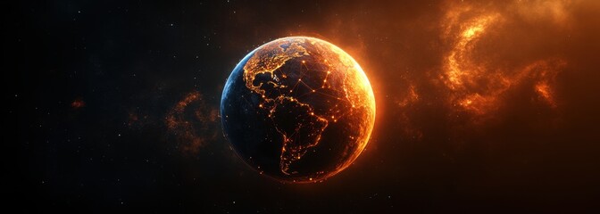 Poster - Stunning Visual Representation of Earth Surrounded by Mysterious Cosmic Atmosphere in Vivid Colors with Illuminated City Lights and Starry Background