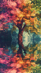Poster - Autumn tree reflected in water, vibrant red, orange, yellow foliage, creating a surreal, dreamlike image symbolizing nature's beauty, tranquility, and seasonal change