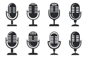 Poster - set of eight black and white old retro microphone vector silhouette illustration