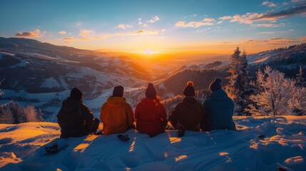 Poster - Five friends sit together on a snowy ledge, watching a stunning sunset as the sky fills with warm colors. The winter scenery is serene, with snow covered trees and distant mountains.
