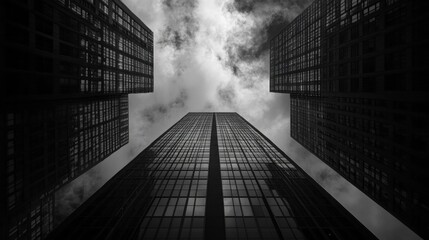 Aufkleber - Beneath the towering skyscrapers, the viewer gazes upward, immersed in a cloud-laden sky. The glass facades reflect a world in contrast, creating a striking atmosphere