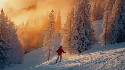 Aufkleber - A skier glides down a snowy slope surrounded by frost covered trees, illuminated by a stunning sunset creating a warm orange glow in the sky.