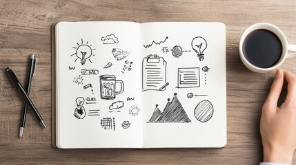 Poster - Entrepreneur working on a business plan with coffee and notebook