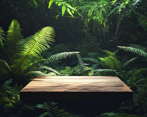 Aufkleber - Wooden platform nestled in lush green ferns, creating a tranquil jungle scene, showcasing product placement or advertisement space