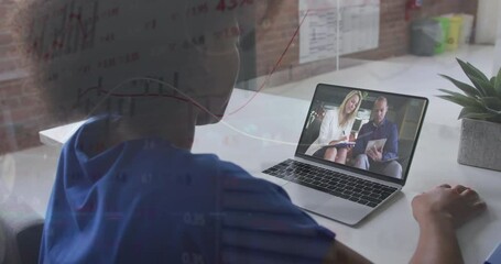 Poster - Video conferencing, businesswoman discussing financial data animation with colleagues