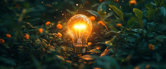 Poster - Illuminated glass bulb amidst lush green foliage and orange flowers, showcasing a concept of nature's brilliance and sustainable energy