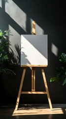 Poster - Sunlight pours through a window, casting shadows on a pristine blank canvas poised on a wooden easel. Vibrant green plants create a tranquil atmosphere, inviting creativity in a peaceful studio