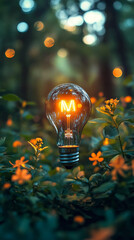Poster - Illuminated glass bulb amidst lush green foliage and orange flowers, showcasing a concept of nature's energy and innovative ideas