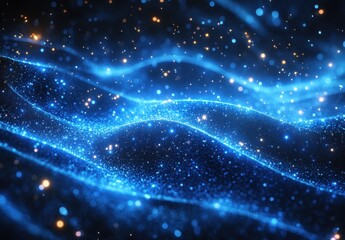 Poster - vibrant blue waves of light with sparkling stars creating a dreamlike cosmic background for abstract