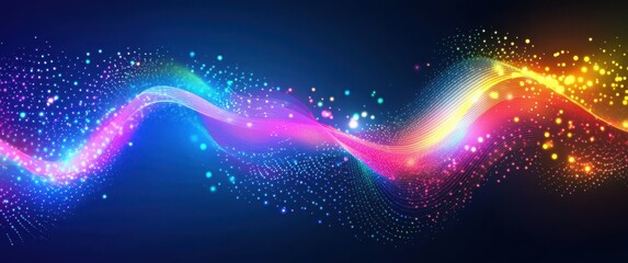 Poster - vibrant colorful waves of light with dots and glitter against a dark background for abstract art and