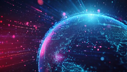 Poster - Vibrant Cosmic Landscape Illustrating Digital Global Connectivity with Colorful Particles and Light Trails Representing Technology and Innovation