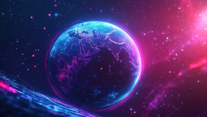 Poster - Vibrant Digital Earth Globe with Colorful Space Background and Bright Cosmic Elements Illustrating Technology and Innovation Theme