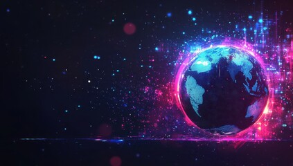 Poster - Vibrant Digital Representation of Earth with Colorful Particles and Light Effects Against a Dark Background for Futuristic Concepts